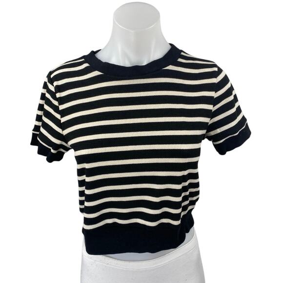 Atelier by Kirious Black White Striped Rib Knit Short Sleeve Crop Sweater Top L - Picture 1 of 4